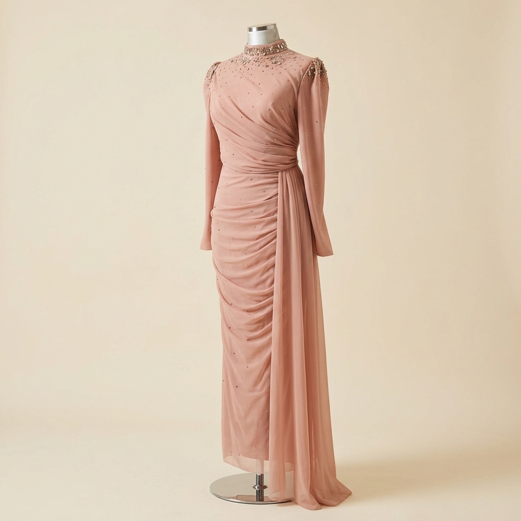 Robe de Soirée Longue Drapée Rose Poudré Ornée de Strass