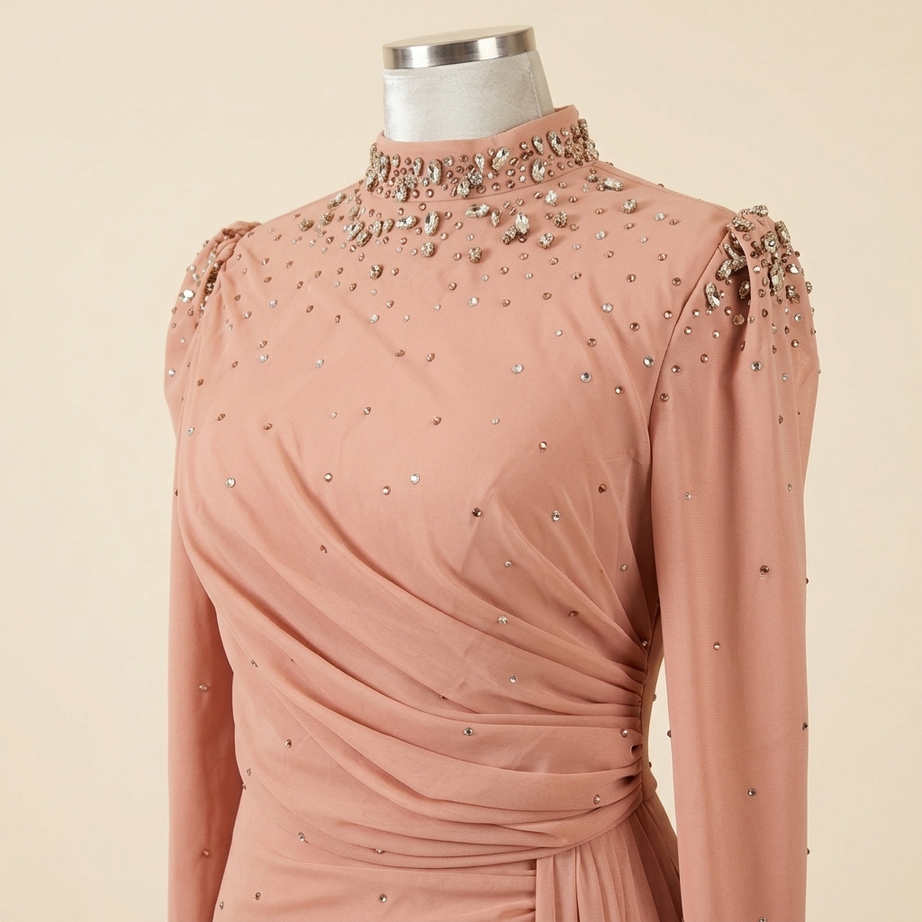 Robe de Soirée Longue Drapée Rose Poudré Ornée de Strass