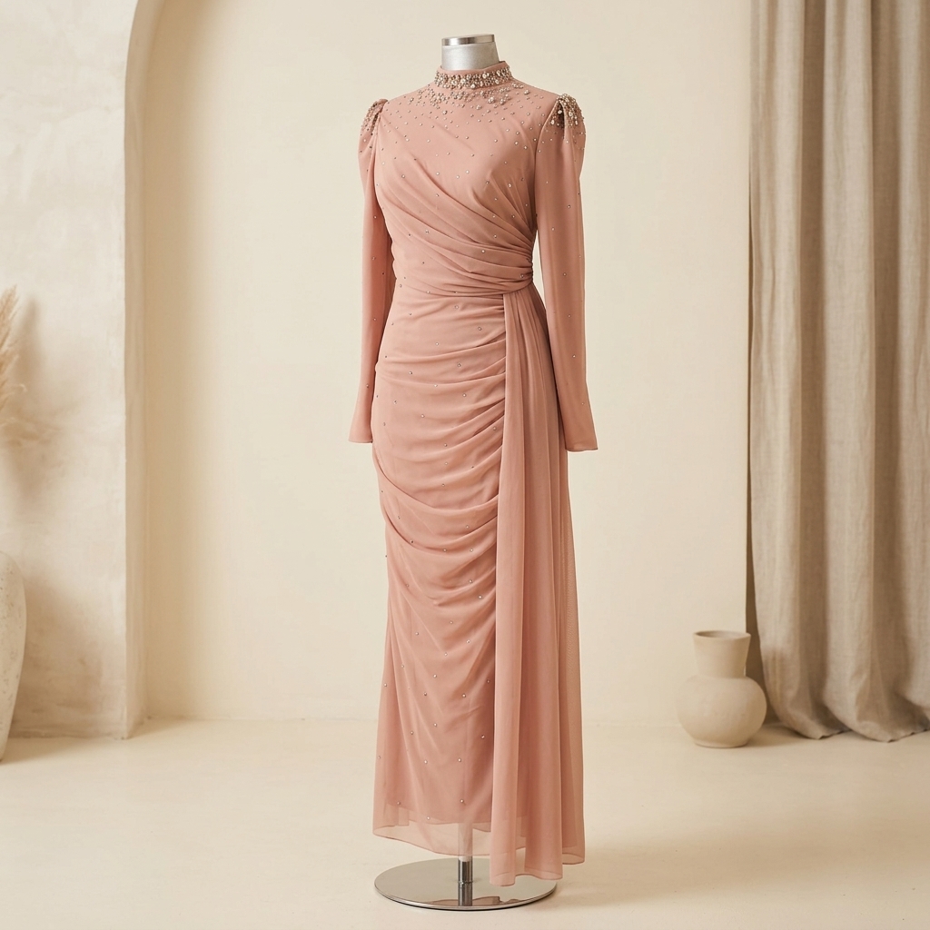 Robe de Soirée Longue Drapée Rose Poudré Ornée de Strass