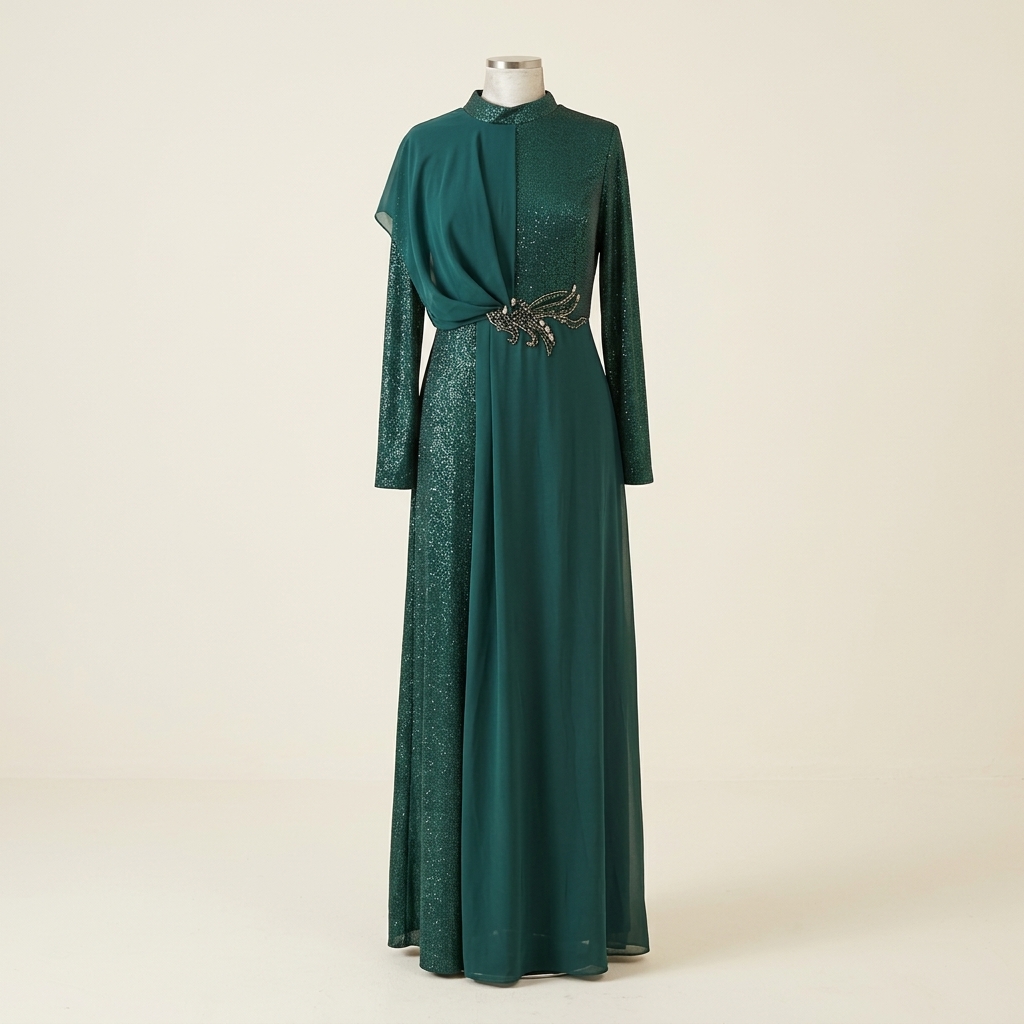Robe de Soirée Longue Scintillante avec Drapé et Détail Bijou - Vert Émeraude