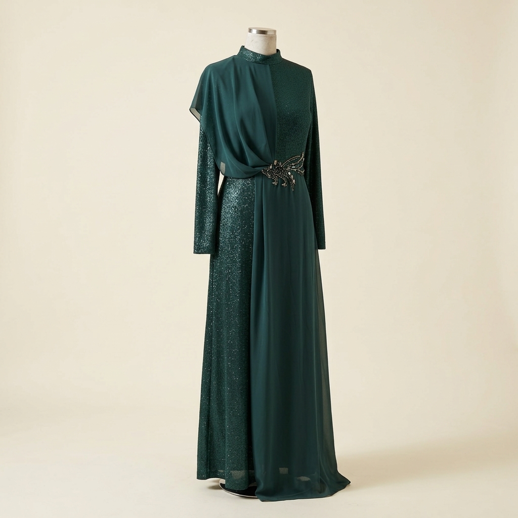 Robe de Soirée Longue Scintillante avec Drapé et Détail Bijou - Vert Émeraude