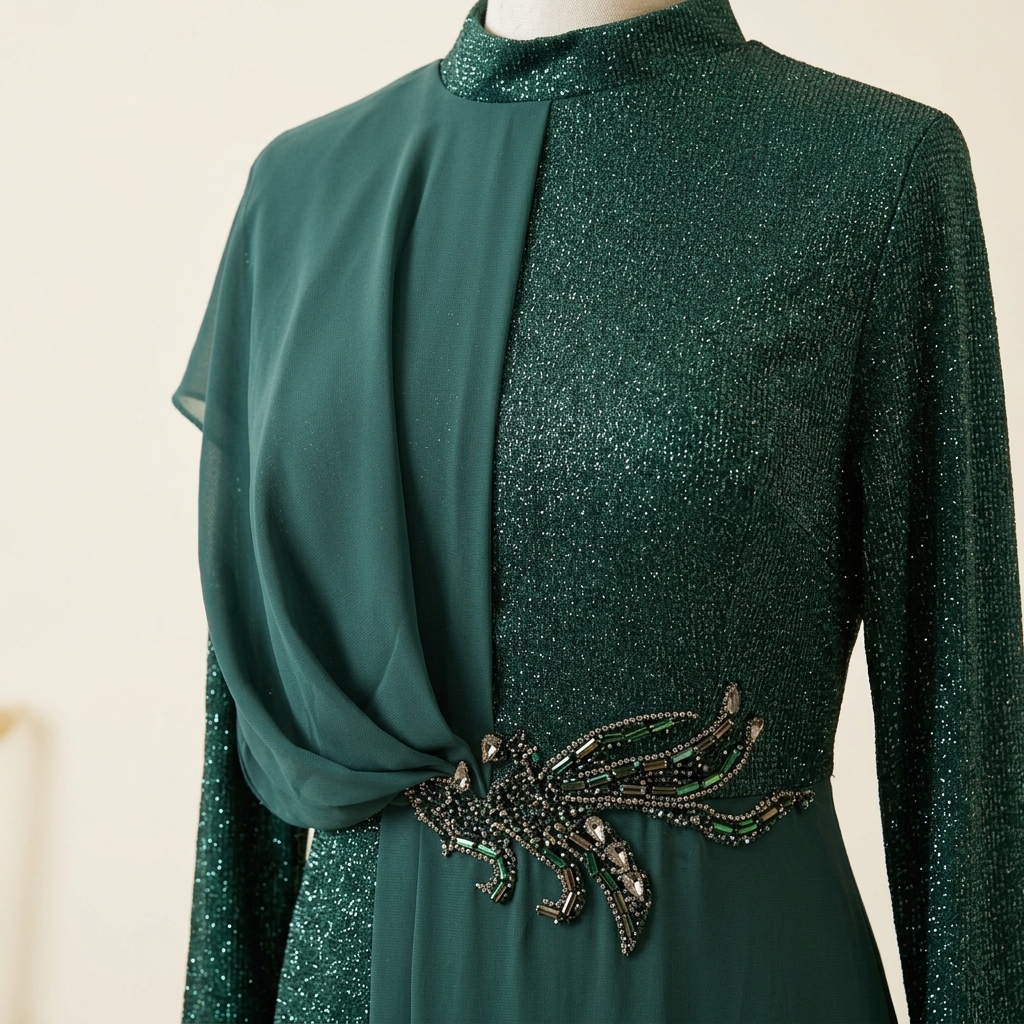 Robe de Soirée Longue Scintillante avec Drapé et Détail Bijou - Vert Émeraude