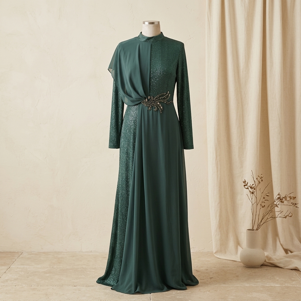 Robe de Soirée Longue Scintillante avec Drapé et Détail Bijou - Vert Émeraude