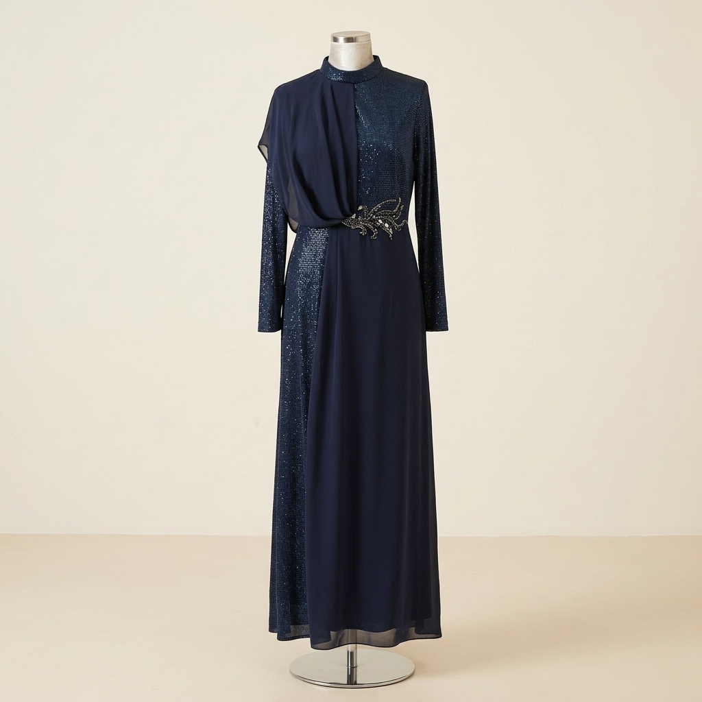 Robe de Soirée Longue Scintillante Bleu Nuit avec Drapé