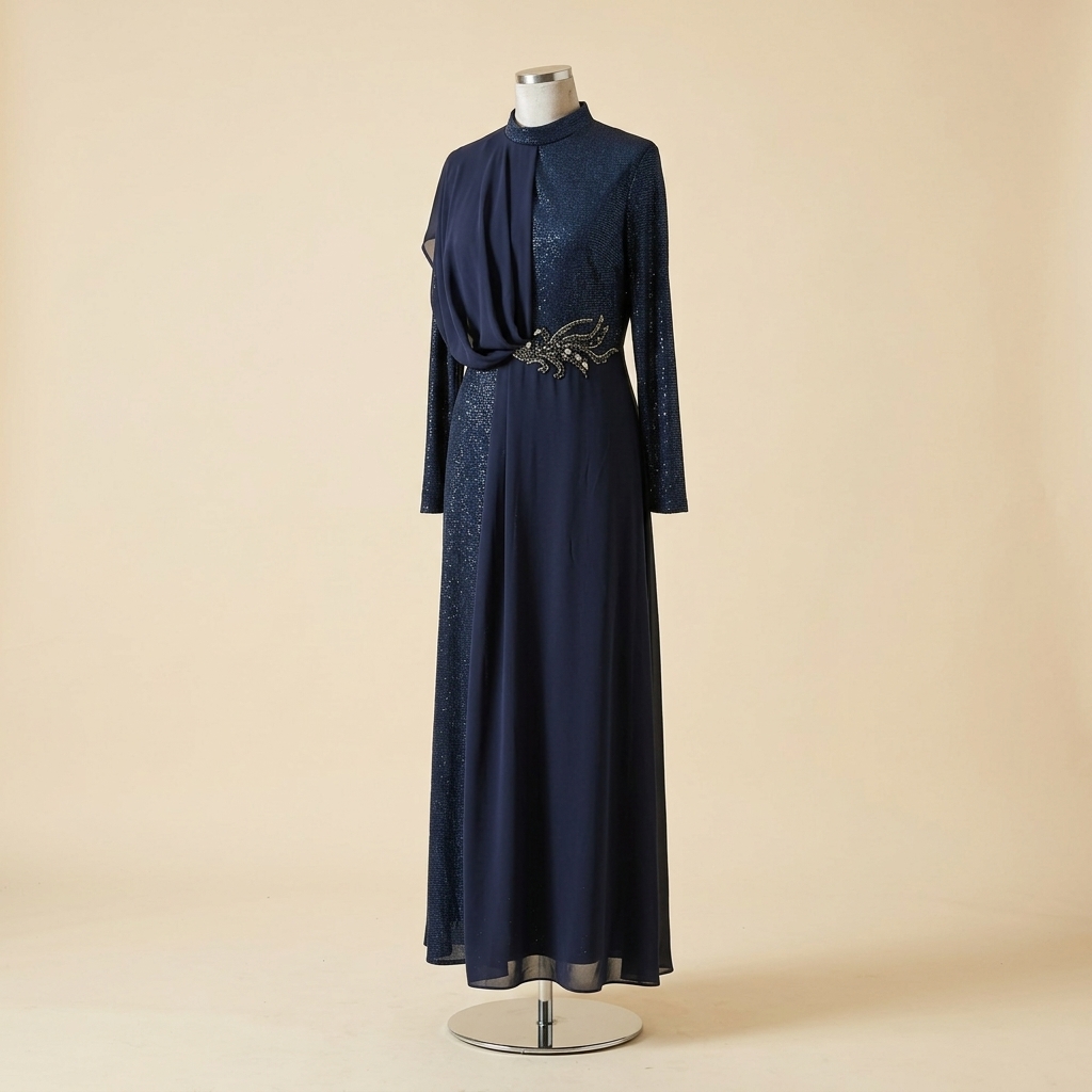 Robe de Soirée Longue Scintillante Bleu Nuit avec Drapé