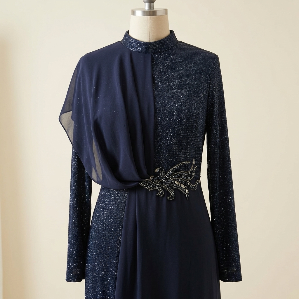 Robe de Soirée Longue Scintillante Bleu Nuit avec Drapé