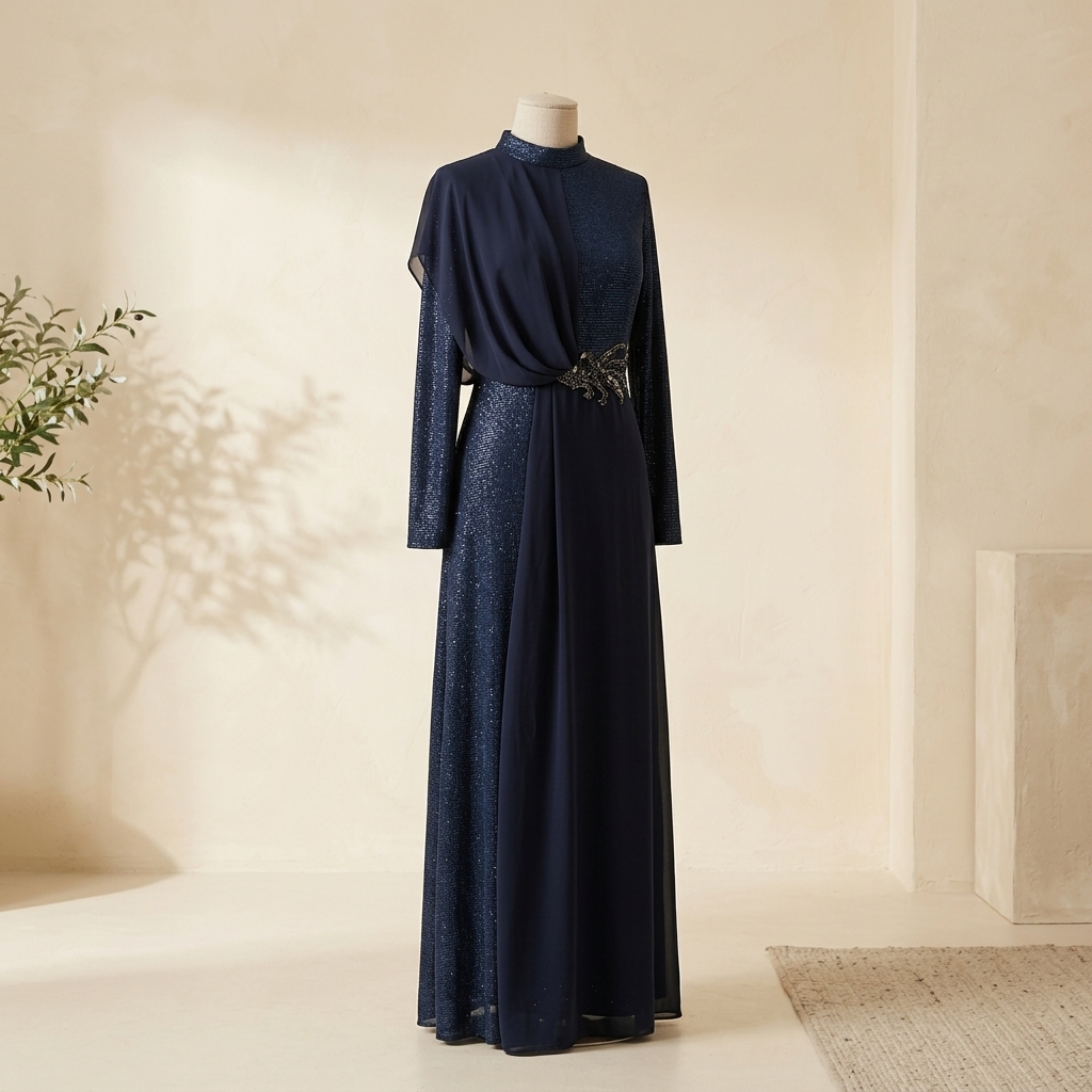 Robe de Soirée Longue Scintillante Bleu Nuit avec Drapé