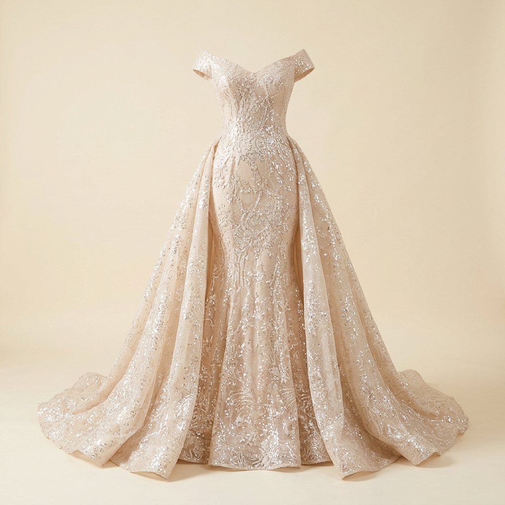 Robe de Soirée Longue Sirène Scintillante avec Traîne Champagne
