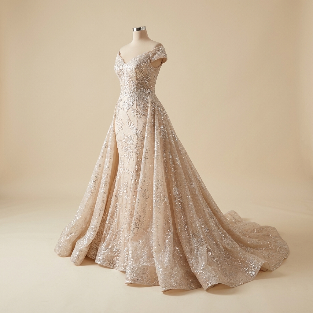 Robe de Soirée Longue Sirène Scintillante avec Traîne Champagne