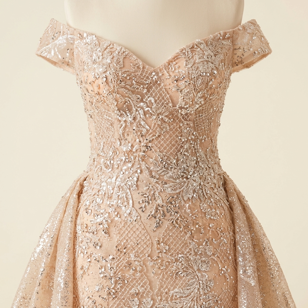 Robe de Soirée Longue Sirène Scintillante avec Traîne Champagne