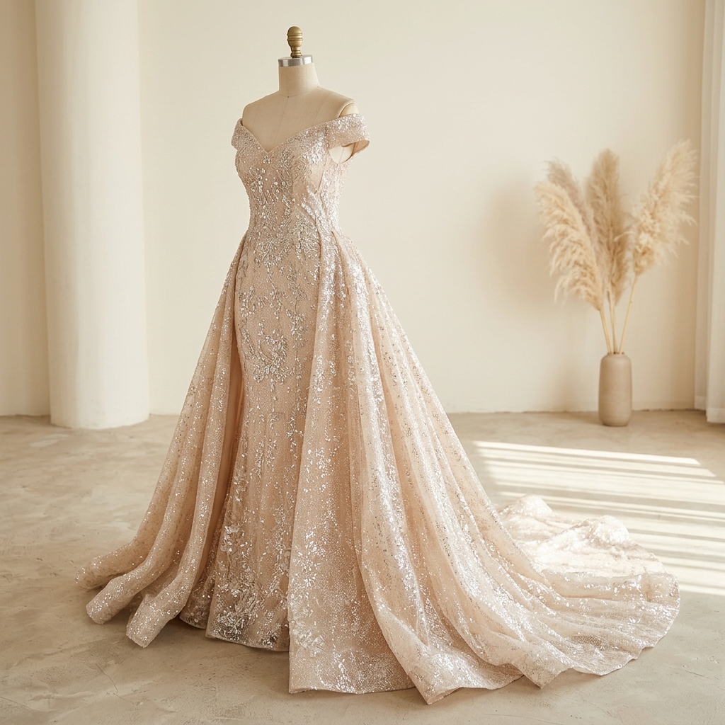 Robe de Soirée Longue Sirène Scintillante avec Traîne Champagne