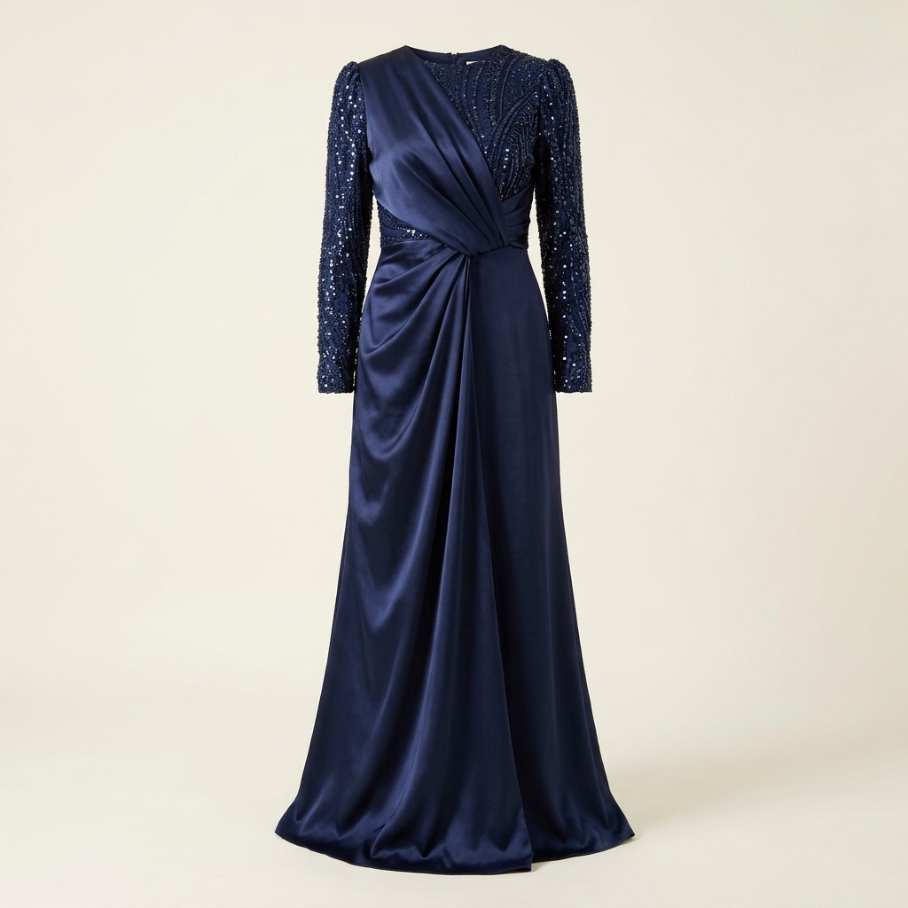 Robe de Soirée Longue en Satin Bleu Nuit avec Détails Pailletés
