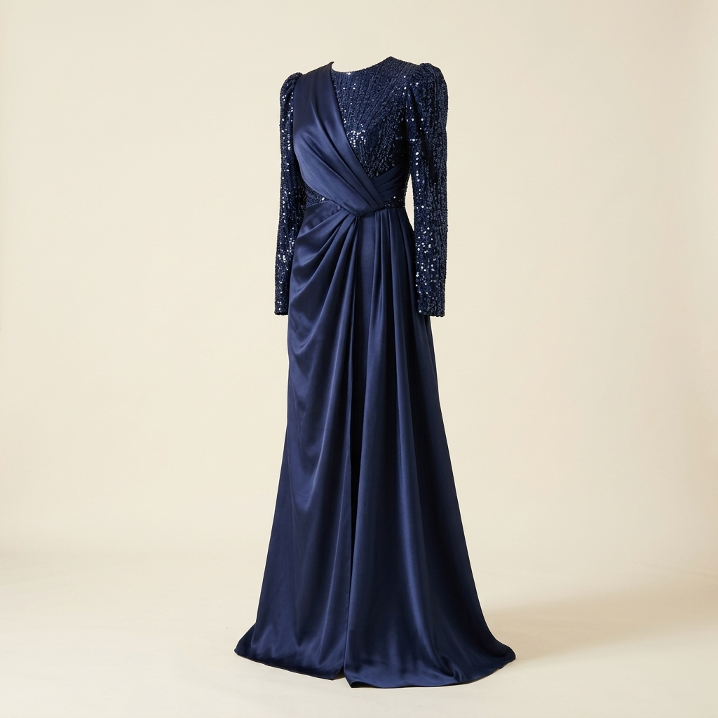 Robe de Soirée Longue en Satin Bleu Nuit avec Détails Pailletés