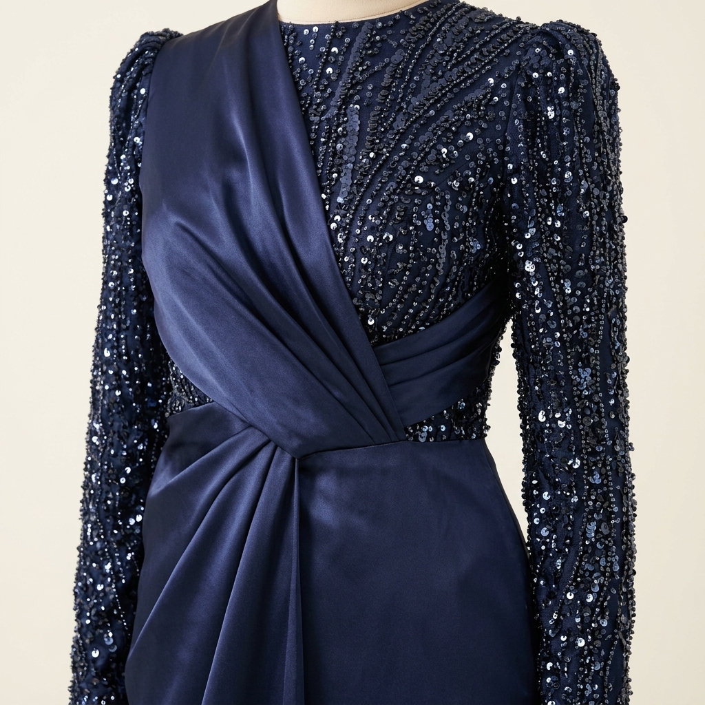 Robe de Soirée Longue en Satin Bleu Nuit avec Détails Pailletés