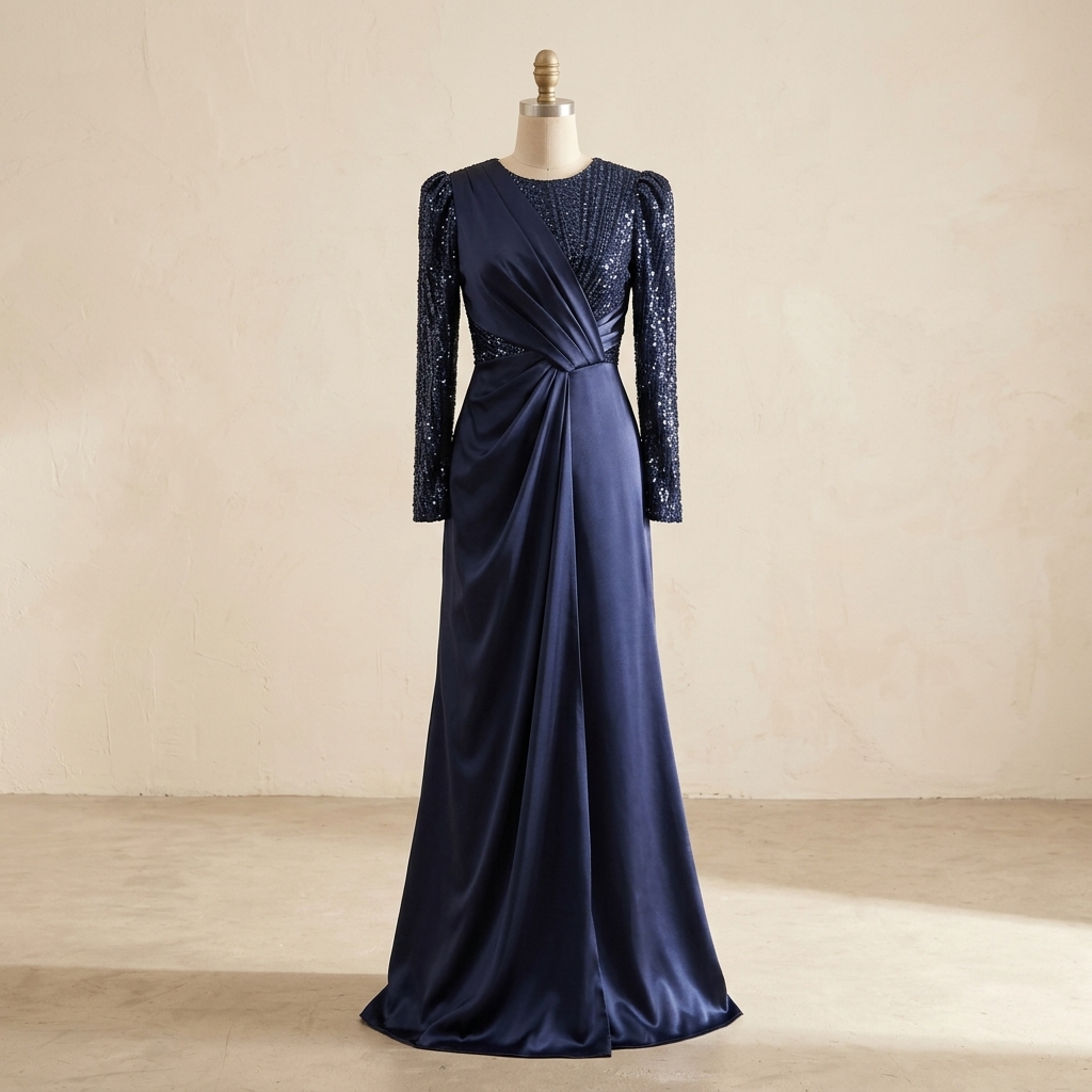 Robe de Soirée Longue en Satin Bleu Nuit avec Détails Pailletés