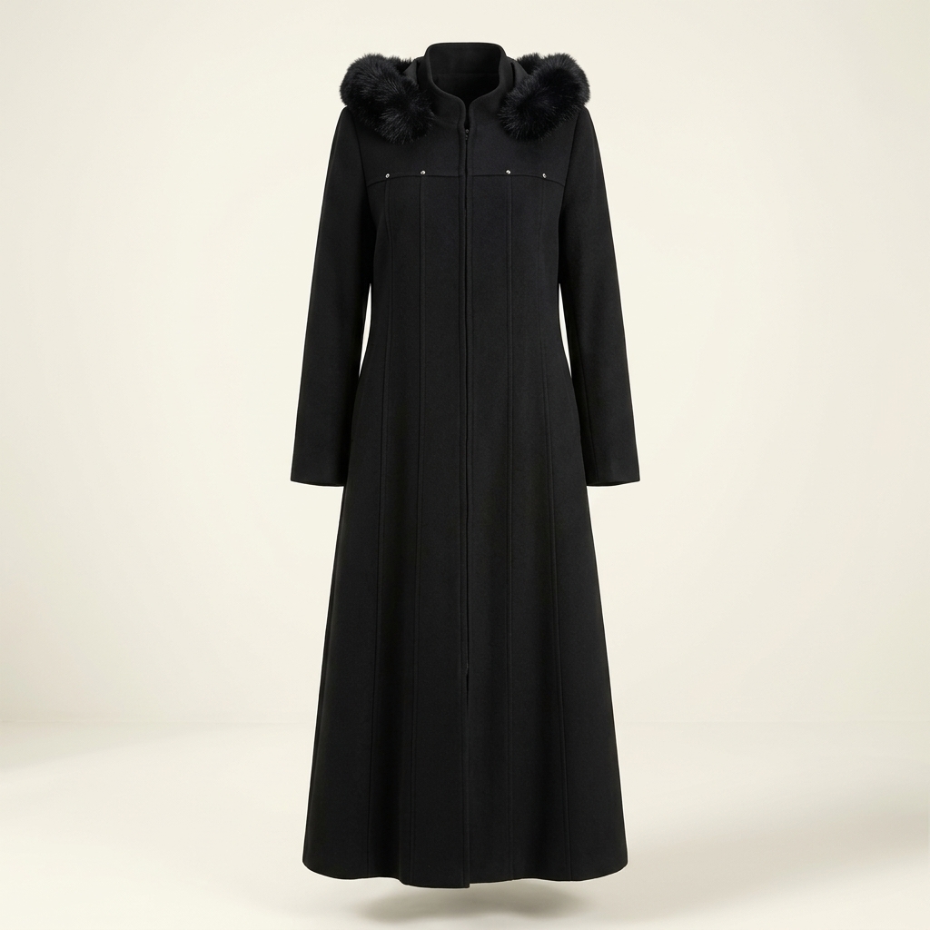 Manteau long pardessus noir avec col en fausse fourrure