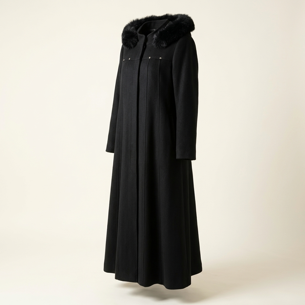 Manteau long pardessus noir avec col en fausse fourrure