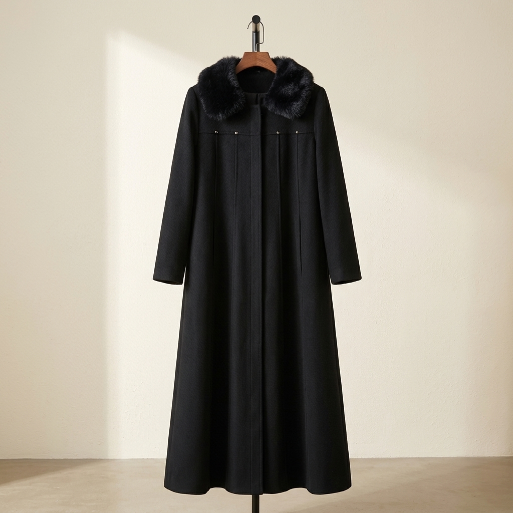 Manteau long pardessus noir avec col en fausse fourrure