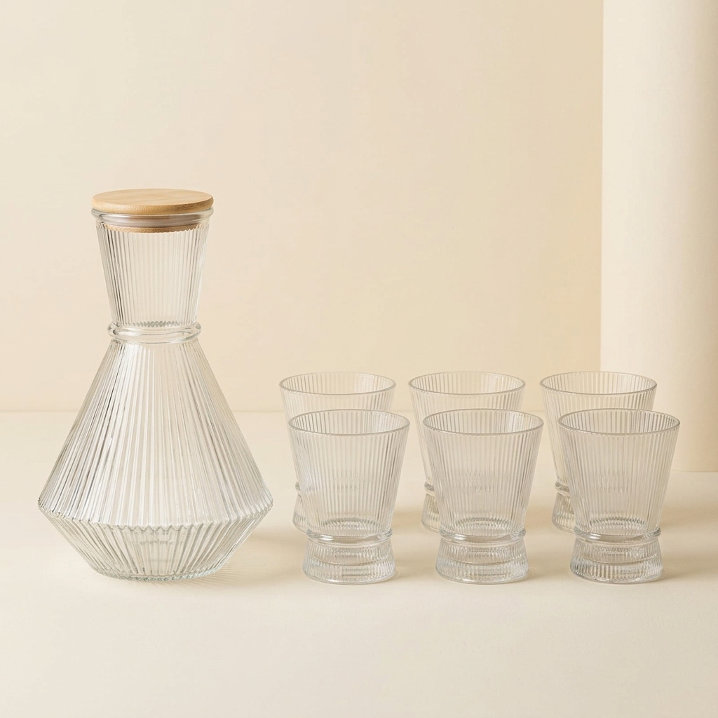 Service Carafe et 6 Verres en Verre Cannelé - Bricard Estella (7 Pièces)