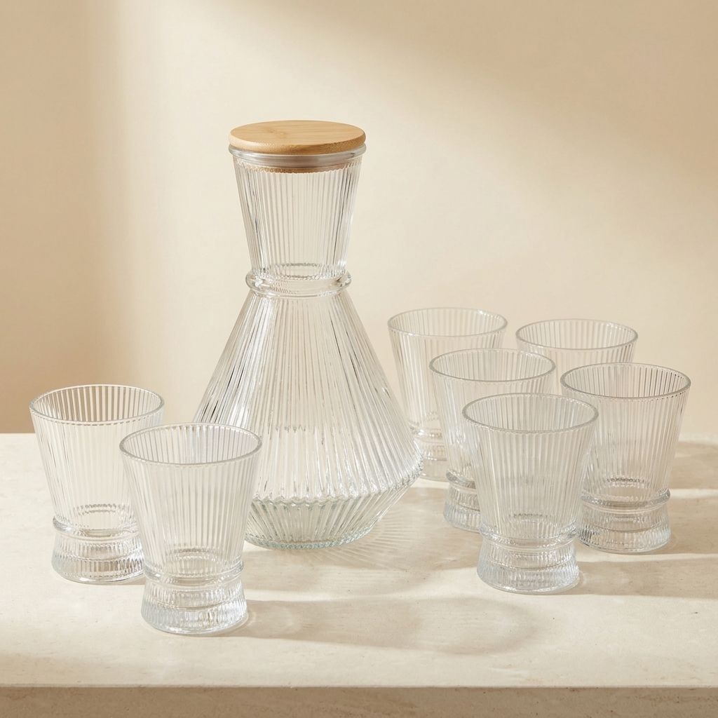 Service Carafe et 6 Verres en Verre Cannelé - Bricard Estella (7 Pièces)