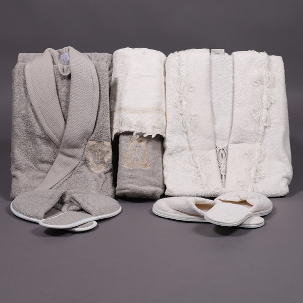 Ensemble de peignoirs avec guipure Ipekce 7 pièces - Gris/crème