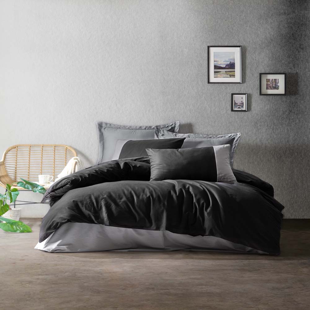 Ensemble de housse de couette 1 personne Cotton Box Plain Line - Noir/Gris