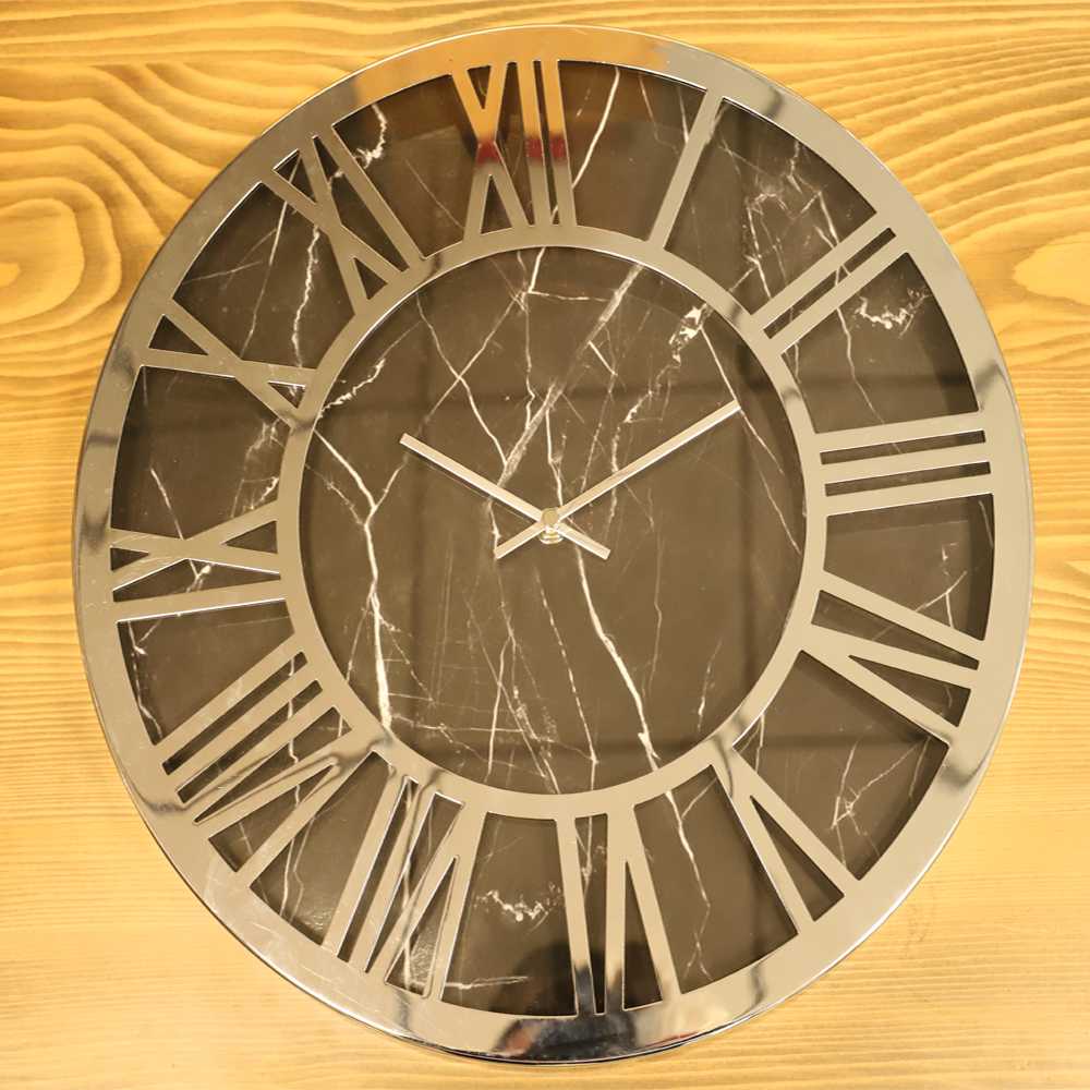 Horloge noir  murale Design Moderne, Cadres et Aiguilles en métal, avec Cadran en Effet  marbre 40 cm (Argent)