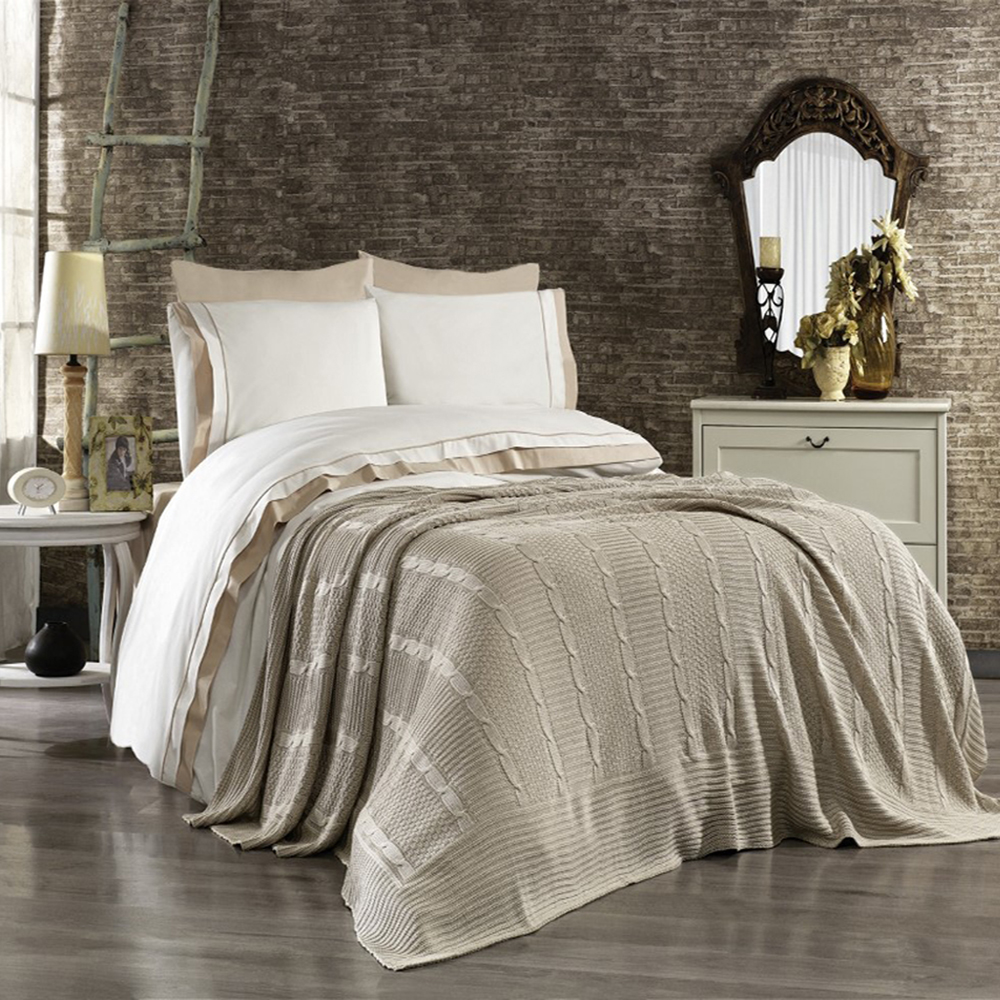 Ipekce Home housse de couette avec couverture tricot 2 personnes brodé damassé 7 pièces Atlantis Tricots - Beige