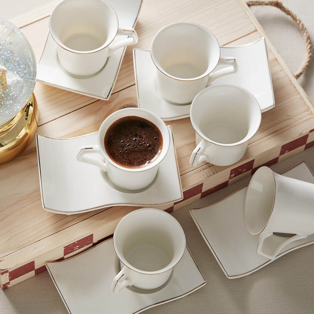 Service à Café Karaca Boyoz – 6 Tasses 85 Ml + Soucoupes – Porcelaine – Design Unique – Pour Café Ou Thé