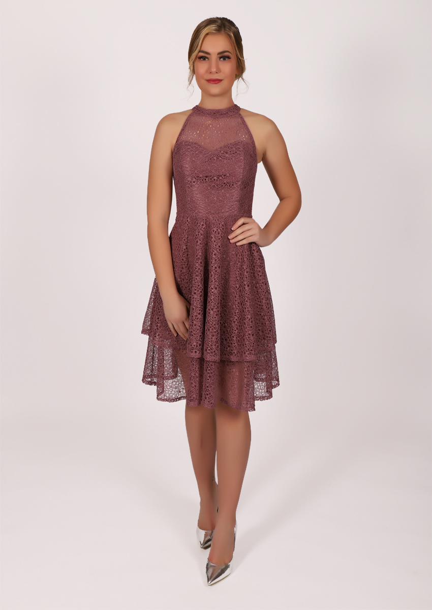 Robe courte avec dentelle dos nu en mousseline Dans - rose foncé