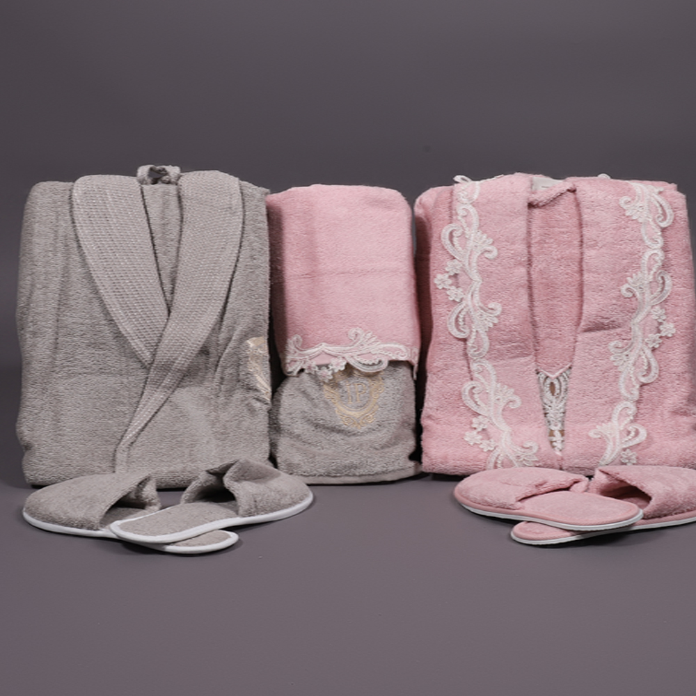 Ensemble de peignoirs avec guipure Ipekce 7 pièces - Rose/Gris